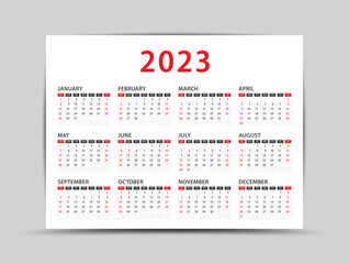 2023 yearly calendar - 12 months yearly calendar set in 2023, Planner, vector illustration