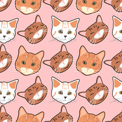 cute seamless pattern with hand drawn various cat faces on pink background. pattern for printing on fabric, wrapping paper, clothing, backgrounds for websites and applications