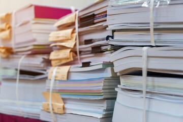 Pile of bunch education documents or books report teacher after approve and checking from admistrator, Annual Reports document for evaluation in student study in university office