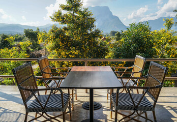 Fototapeta premium dining table and chair set in outdoor restaurant for lunch and dinner