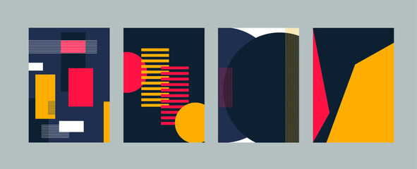 Bauhaus set vector background. Minimal pattern modern style with yellow, blue, red, white and black color. Abstract geometric shapes for mobile applications, in Instagram, art, dynamic texture.