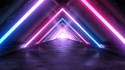 Fototapeta premium Abstract Neon Triangle Tunnel and Aesthetic Pink Blue Glow Reflection - Abstract Background Texture