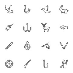 Hunting and fishing line icons set, outline vector symbol collection, linear style pictogram pack. Signs, logo illustration. Set includes icons as fishing rod, rifle, compass, animals trap, deer