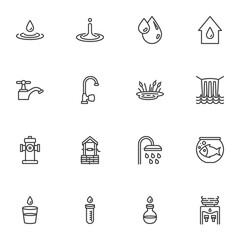 Water line icons set, outline vector symbol collection, linear style pictogram pack. Signs, logo illustration. Set includes icons as water tap, dew droplet, oil drop, waterfall, shower, test tube