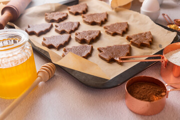 homemade gingerbread. layout of ingredients. dough in the form of Christmas trees on parchment 