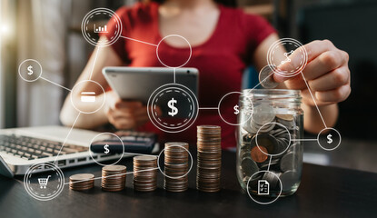 businesswoman holding coins putting in glass with using smartphone and calculator to calculate  concept saving money for finance accounting with VR icon.