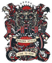 Bikers art. Live to ride slogan. Tiger and asian dragons, burning motorcycle, rider sport print. Moto bike t-shirt design