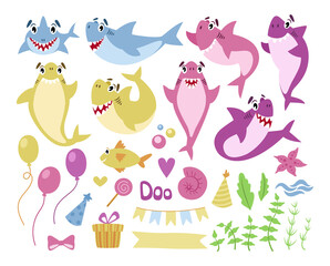 Baby Shark birthday party clipart - cute cartoon sharks, fish, gift box, balloon, flags garland, starfish - nursery nautical isolated elements on white background, undersea marine animal vector