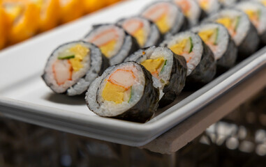 Crab stick Maki rolls, Sushi, soft focus