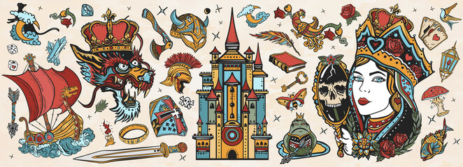 Fairy tales old school tattoo vector collection. Medieval castle, queen in the golden, crown, dragon, knight, viking boat, sword and princess frog. Middle Ages magic legends. Fantasy tattooing style
