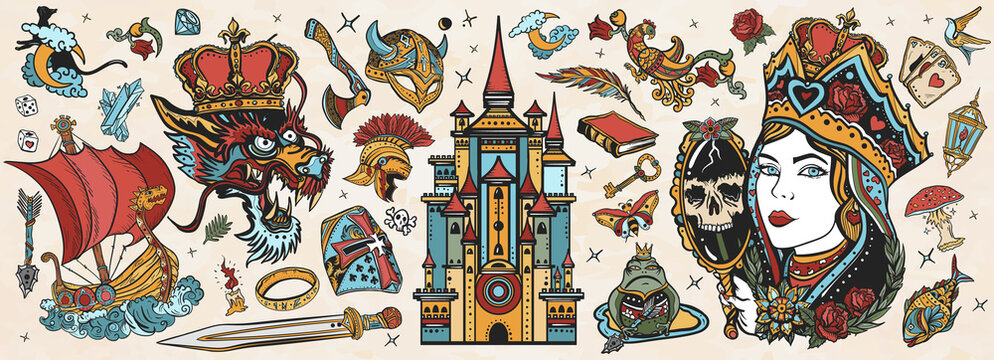 Fairy tales old school tattoo vector collection. Medieval castle, queen in the golden, crown, dragon, knight, viking boat, sword and princess frog. Middle Ages magic legends. Fantasy tattooing style