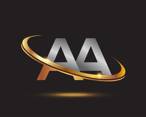 initial letter AA logotype company name colored gold and silver swoosh design. isolated on black background.