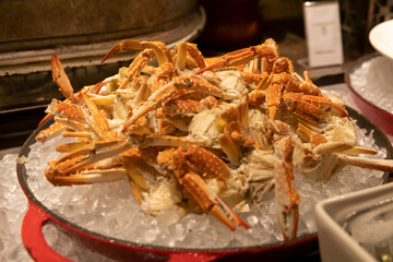 Mussels, shrimps, crabs at a seafood buffet