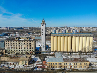 Aerial view of a grain elevator in spring before its demolition (Kirov, Russia)
