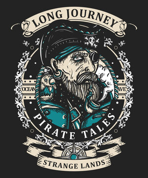 Old pirate captain smocking pipe. Symbol of ocean adventure, treasure island. Elderly sea wolf, parrot, compass, swallows and black cats. Old school tattoo vintage style. Marine t-shirt art