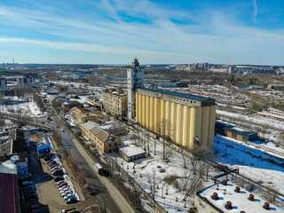 Aerial view of a grain elevator in spring before its demolition (Kirov, Russia)