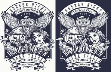 Witch woman, owl and Jack O' Lantern. One color vector illustration. Halloween concept. Template for clothes, t-shirt design