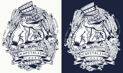 Capitalism caricature. Rich greedy capitalist on a mountain of golden coins. Corruption and bureaucracy. One color vector illustration. Concept of global financial system. Evil businessman and money