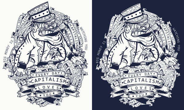 Capitalism caricature. Rich greedy capitalist on a mountain of golden coins. Corruption and bureaucracy. One color vector illustration. Concept of global financial system. Evil businessman and money