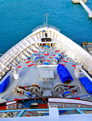 View over bow of  huge white modern cruiseship or cruise ship liner in port of Nassau, Bahamas...