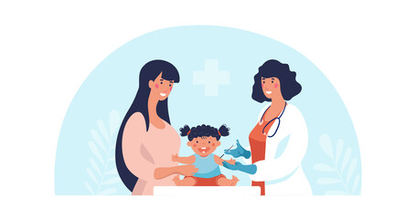 Concept illustration about vaccination of children, mother and child at the doctor s appointment. The pediatrician treats the baby. Flat vector illustration isolated on white background