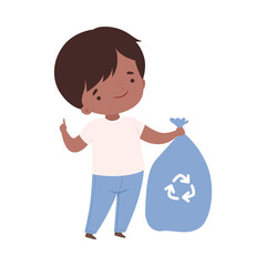 Cute Boy Collecting Wastes for Recycling, Kid Helping Save the World Cartoon Style Vector Illustration