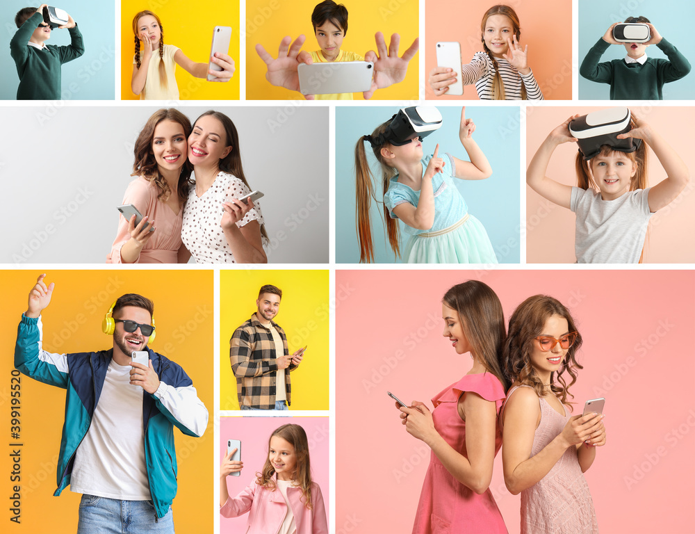 Wall mural collage of photos with different people using devices on color background - Wall murals