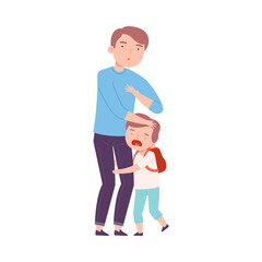 Father Accompanying his Crying Son to School or Kindergarten, Dad Taking Upset Kid to Lesson Cartoon Style Vector Illustration