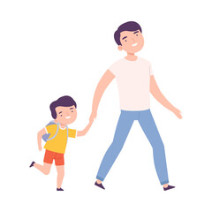 Father Accompanying his Son to the School or Kindergarten, Parent and Kid Walking Together Holding Hands Cartoon Style Vector Illustration