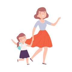 Happy Mom Taking her Daughter to School or Kindergarten in Morning Cartoon Style Vector Illustration