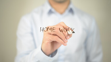 Home Work, man writing on transparent screen