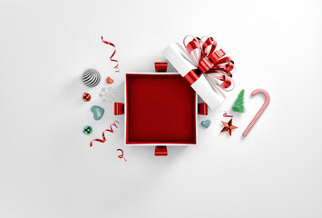 Red surprise gift box with decoration on white background during Christmas and New Year season, 3d rendering.