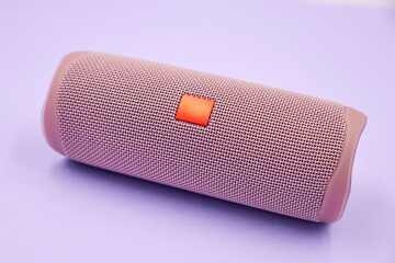 Portable bluetooth and wireless speaker on a colored background.