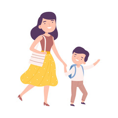 Obraz premium Mom Taking her Son to School or Kindergarten in Morning, Parent and Kid Walking Together Holding Hands Cartoon Style Vector Illustration