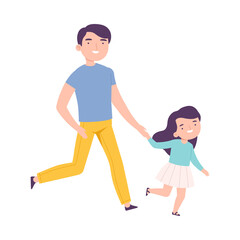 Dad Taking his Daughter to School or Kindergarten in Morning, Father and Kid Running Late for Lessons Cartoon Style Vector Illustration