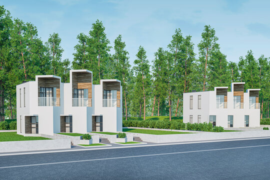 3d rendering of modern light townhouse cozy small house for sale or rent with many grass on lawn. In daylight with a clear blue sky. Perspective street view