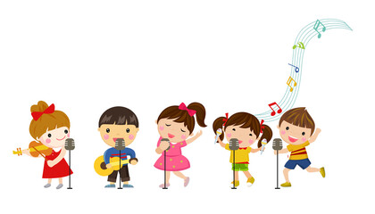 Illustration of group of children and music