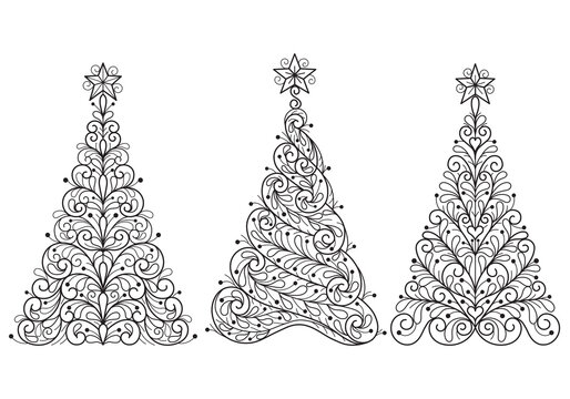 Christmas Tree Pattern. Hand Drawn Sketch Illustration For Adult Coloring Book