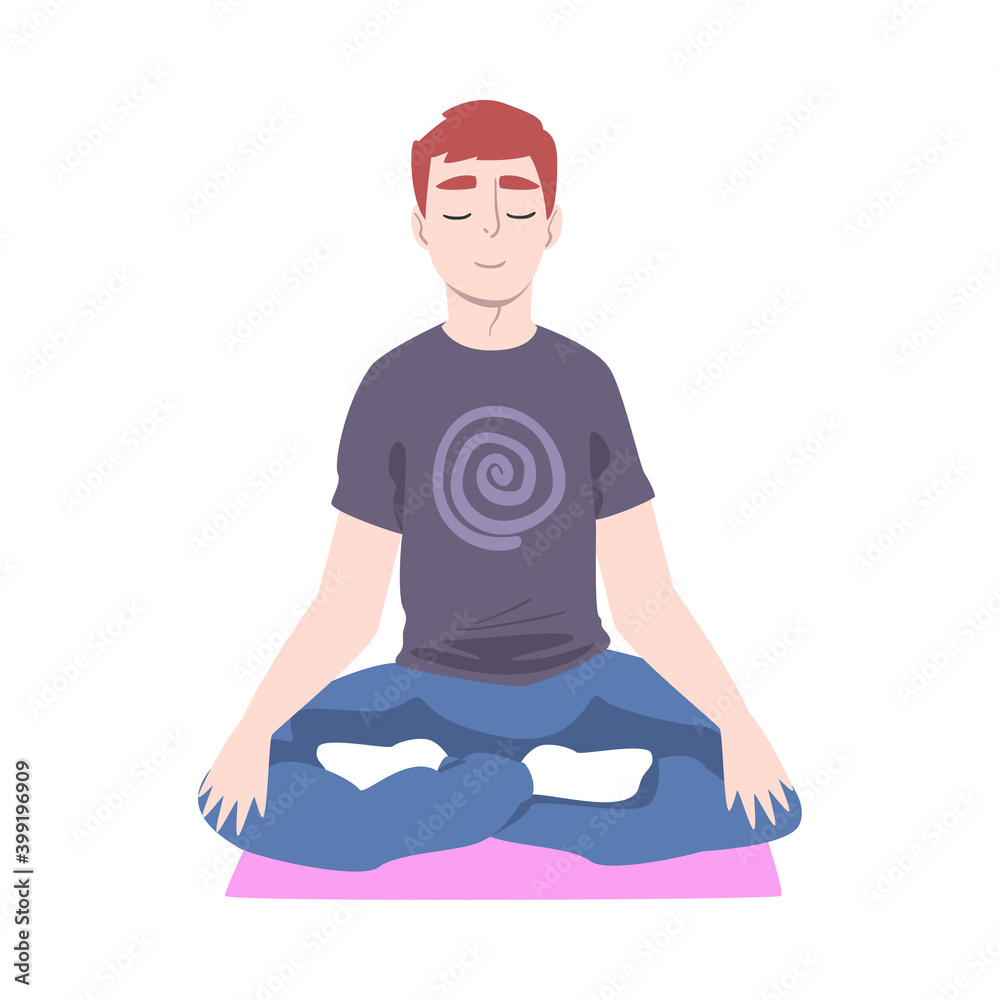 Sticker Young Man Doing Yoga, Guy Sitting On Floor in Lotus Position and Meditating Cartoon Style Vector Illustration