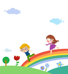 Illustration of kids and rainbow