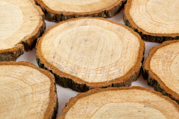 Natural wood slices made from natural pine tree with bark