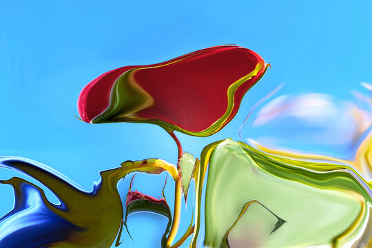 Trabajo art&iacute;stico en el que un ave, un insecto y una rosa juegan soplando pompas de jab&oacute;n. Fondo abstracto y de fantas&iacute;a inspirado en el arte surrealista.