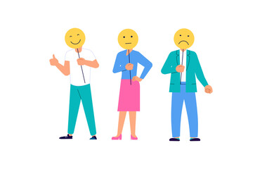 Tiny people with different emotions signs giving their choice for feedback vector concept. Customer review and satisfaction rating metaphor illustration