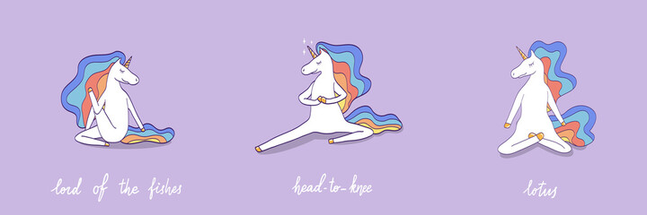 Collection of unicorn doing yoga, different poses with funny animal. Cute horse with rainbow mane exercises meditation.