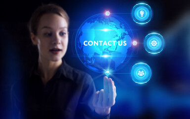 Business, Technology, Internet and network concept. Young businessman working on a virtual screen of the future and sees the inscription: Contact us