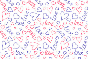 Hearts and love. Seamless pattern. Hand drawn vector illustration. Pen or marker doodle sketch. Line art silhouettes. Repeat contour drawing