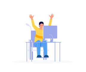 Young disabled male character in a wheelchair sitting at the office desk and throws up his hands in success. Handicapped man at workplace vector illustration
