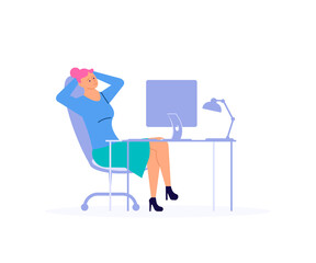 Satisfied female character sitting at the office desk and puts her hands behind her head in relax. Businesswoman at workplace vector illustration