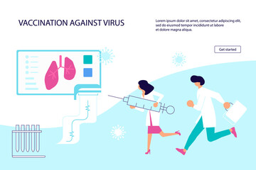 Landing webpage template of fighting new viruses. Tiny doctors carrying huge syringes to inject coronavirus vaccine. Flat Art Vector Illustration