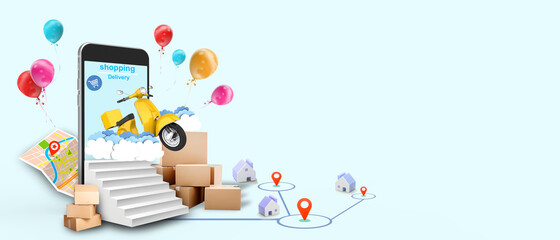 Shopping Online on Website for Application and Sale banner or Promotion Smart business marketing concept on blue background,copy space,digital, banner - 3d rendering